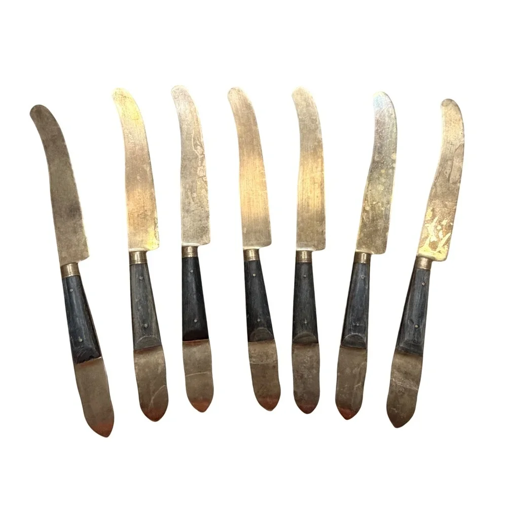 Vintage Thai Bronze Dessert Knives Set of 7 Wood Handle Goddess Deity Thailand